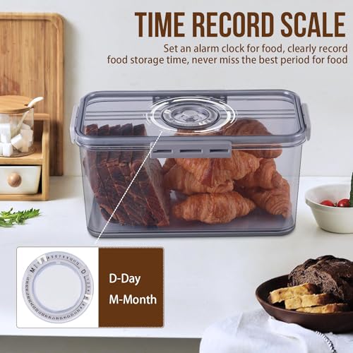 Gifhomfix Large Grey Bread Box with Airtight Seal & Time Recording Dial - Kitchen Counter Storage Container for Homemade Bread, Bagels, Donuts, Cookies