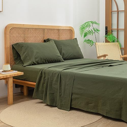 Queen Size Washed Cotton Linen Feel Sheet Set - Olive Green, 4 Pieces