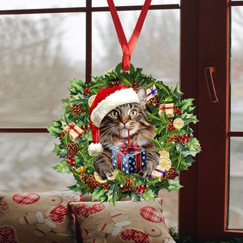 Talataca Maine Coon 2D Flat Christmas Tree Ornament – 3.5" Round, 3 Lanyards