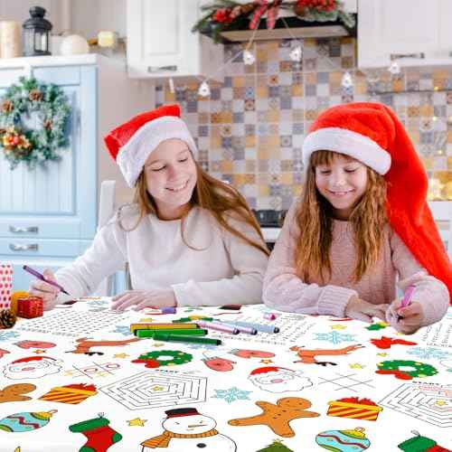 Labeol Christmas Tablecloth, 108"x 54" Christmas Coloring Tablecloth for Kids, Santa Claus Snowman Reindeer Maze Color-in Paper Table Cover for Winter Party Arts and Crafts (2pcs)