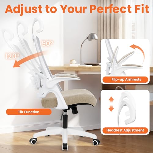 Ergonomic Office Desk Chair with Mesh Headrest & Flip-Up Armrests - Beige