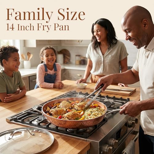 14 Inch Nonstick Frying Pan with Lid - Copper Hammered Ceramic Coating, Oven & Dishwasher Safe