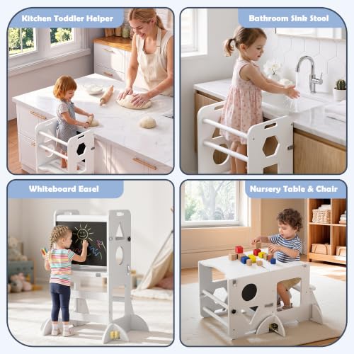 White Toddler Standing Tower with Blackboard & Safety Bar - Wooden Kitchen Helper