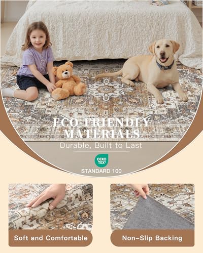 Madane Washable Runner Rug 2x12 Ft Turmeric & Grey Non-Slip Hallway Carpet