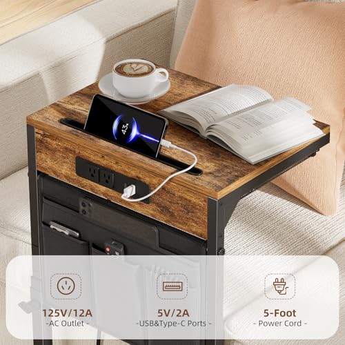 Adjustable C-Shaped Side Table with Charging Station and Storage Bag
