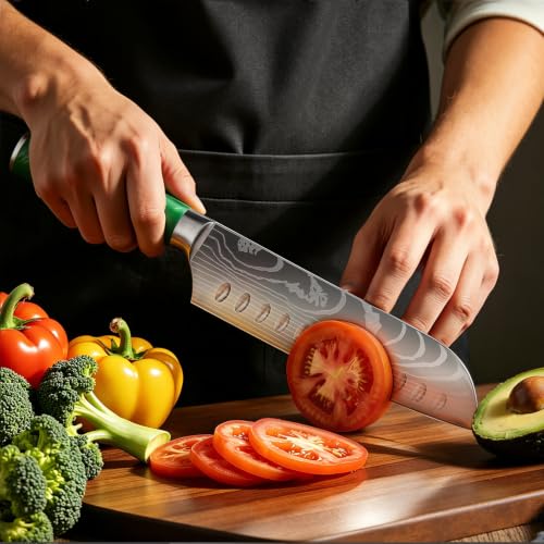 NOVKSO 7-Inch Green Santoku Knife with High-Carbon Steel & Resin Handle