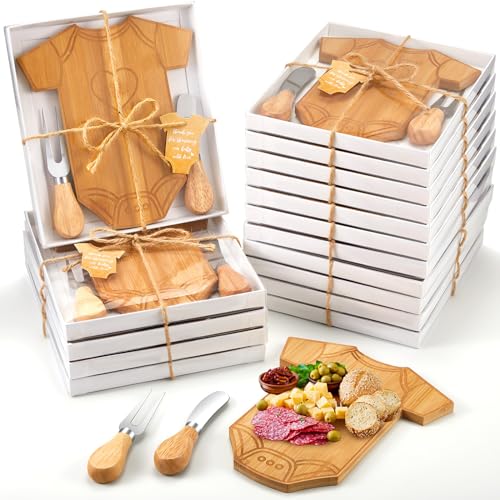 Ziliny 24-Piece Baby Shower Gift Set with Mini Bamboo Cheese Boards & Utensils - Baby Clothing Shape, Party Favors & Prizes
