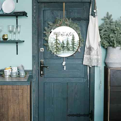 Whaline Christmas Hello Winter Wooden Hanging Sign Christmas Pine Trees Welcome Door Sign Xmas Winter Holiday Farmhouse Rustic Wreath Sign for Indoor Outdoor Home Wall Window Decor