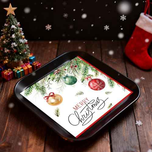 50 Pcs Christmas Paper Napkins 13 x 13 Inches, Disposable Luncheon Dinner Party Napkins Xmas Balls Wreath Theme for Winter Holiday Christmas Party Decorations