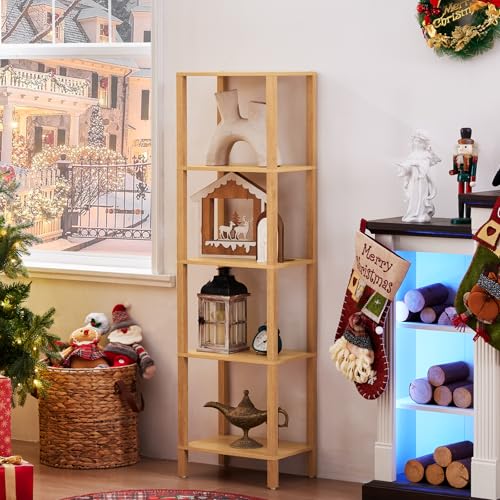 Natural 5-Tier Tall Narrow Bookshelf - Wooden Slim Bookcase for Home & Office