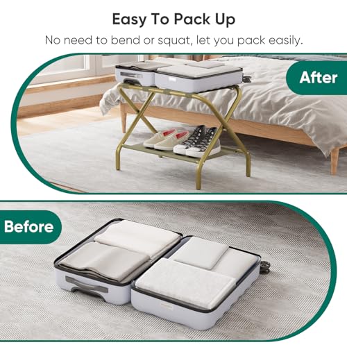 Gold Luggage Rack Set of 2 Foldable Suitcase Stands with Fabric Shelf for Hotel & Bedroom