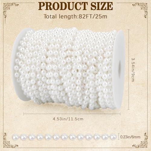 Pearl Beads Garland, 6mm String of Pearls, 82FT Pearl Garland for Christmas Tree, Christmas Faux Pearls Strand Roll for DIY Craft Xmas Wedding Party Supplies Flowers Decoration (White)