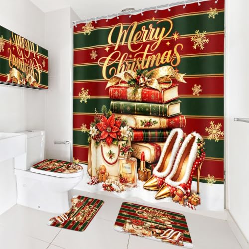 Cinbloo Christmas Bathroom Shower Curtain Set with Rugs A1-Red Green 72x72 Inches, Pack of 4
