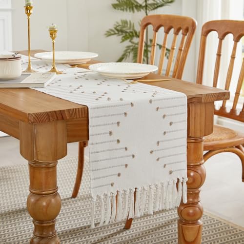 Wracra Boho Taupe/Woven Table Runner 14x48 Inches with Fringe - Rustic Home Decor