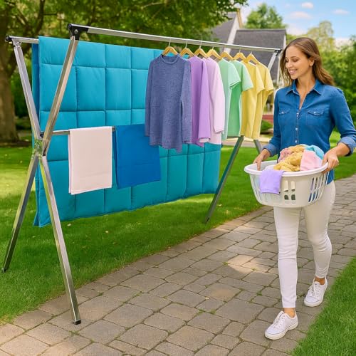 Extendable Clothes Drying Rack with 20 Hooks - 79.55 Inches Stainless Steel Laundry Organizer