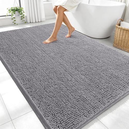 OLANLY Large Bathroom Rug 70x46 Grey Extra Soft Chenille Absorbent Non-Slip Bath Mat