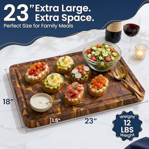 HOMESTEAD Natural End Grain Acacia Wood Cutting Board 23x18 with Juice Groove & Handles