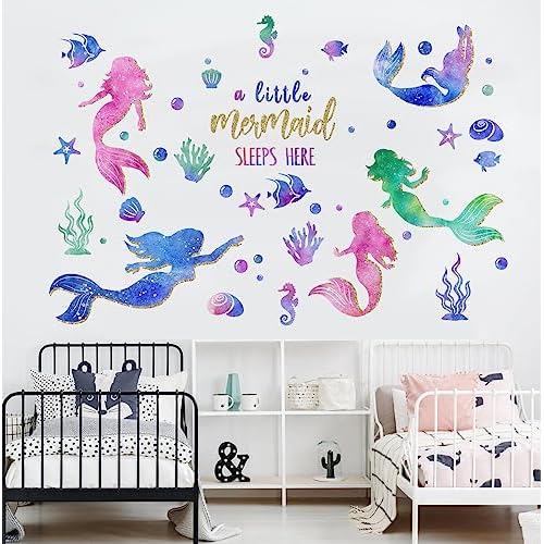 Yovkky Baby Girls Mermaid Wall Decals Stickers, Under The Sea Ocean Creatures Coastal Fish Bubble Glitter Nursery Kids Room Crib Decor, A Little Mermaid Sleeps Here Beach Home Decorations Bedroom Art