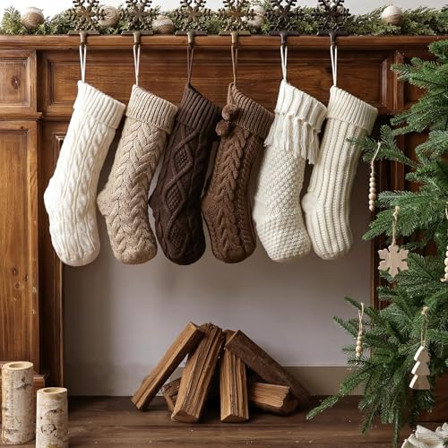 Pawliss Farmhouse Knitted Personalized Christmas Stockings 6 Pack - 18 Inch White Brown Beige Cable Knit Holiday Decor