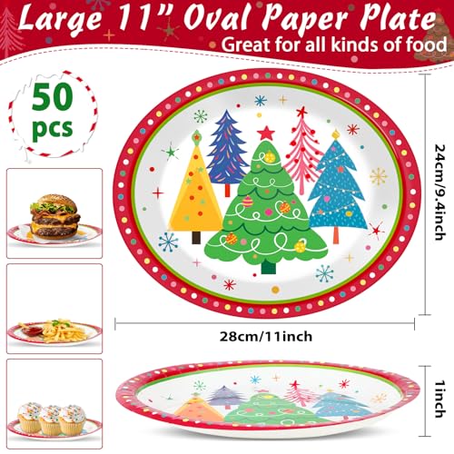 Lonfliness Colorful Christmas Tree Plates Set 50 Pcs Disposable 11 Inch Oval Holiday Dinnerware - Christmas Tree Variation