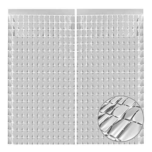 PADELO Silver Shimmer Wall Backdrop, Square Backdrop Curtain,2Pcs 3.3x6.6 Feet Silver Streamer Backdrop for Party Decorations