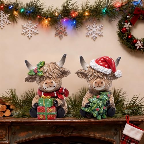 Hodao 2pcs Christmas Highland Cow Figurines – Red-Green Santa Hat Mantel Decor