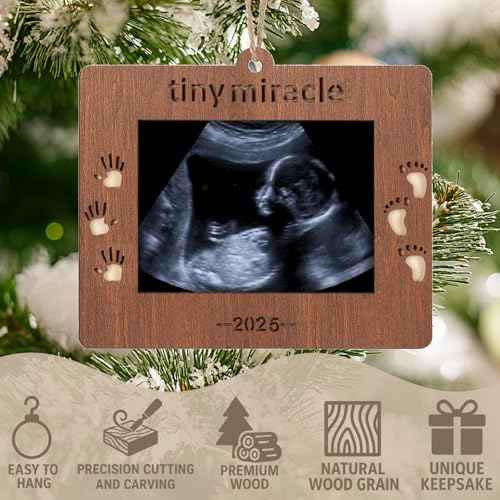 2025 Sonogram Picture Frame Tiny Miracle Ultrasound Christmas Ornament,Baby's First Wooden Christmas Keepsake Christmas Tree Decoration for Expecting Parents and Grandparents