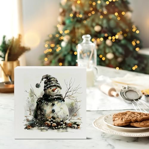 XUNLURY White Rustic Christmas Snowman Wooden Sign 5x5 Inch Holiday Decor