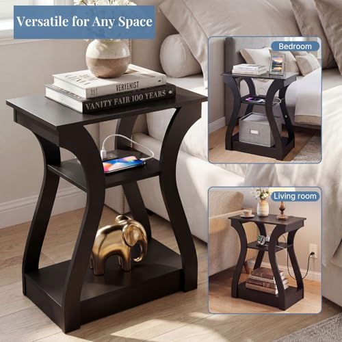 End Table with Charging Station Set of 2 - Modern Curved Nightstands, Black