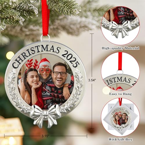 FaCraft 2025 Christmas Ornament Picture Frame - Metal Personalized Photo Frame Ornaments for Christmas Tree Decorations Xmas Gift for Women Men Family Friend Baby Girls Winter Decor Holiday Keepsake