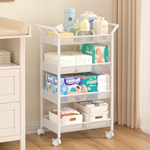 3IngSeagulls 4-Tier Baby Diaper Caddy Cart with Wheels - White, Variation 1