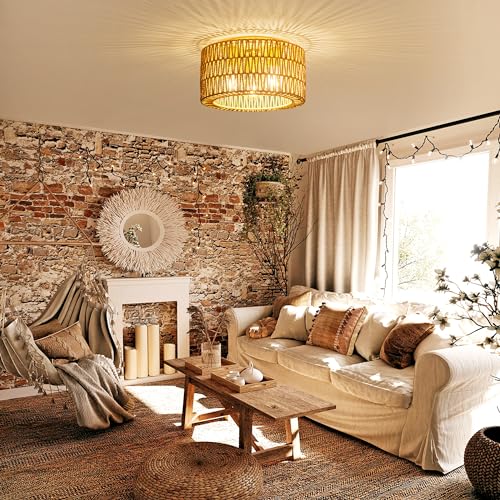 Gold 3-Light Rattan Ceiling Light Fixture Boho Woven Flush Mount for Bedroom Living Room
