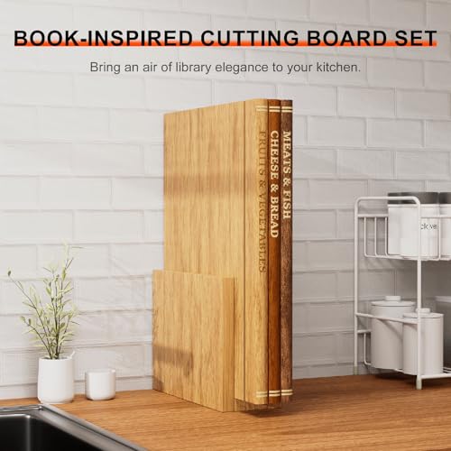Book Cutting Board Set of 3 - Wooden Book-Shaped Kitchen Boards - Space-Saving Organizer