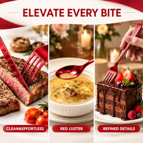 MiraFure 150 Count Red Hammered Heavy Duty Plastic Cutlery Set - 50 Forks, 50 Spoons, 50 Knives (Variation: 150 Count Red Set)