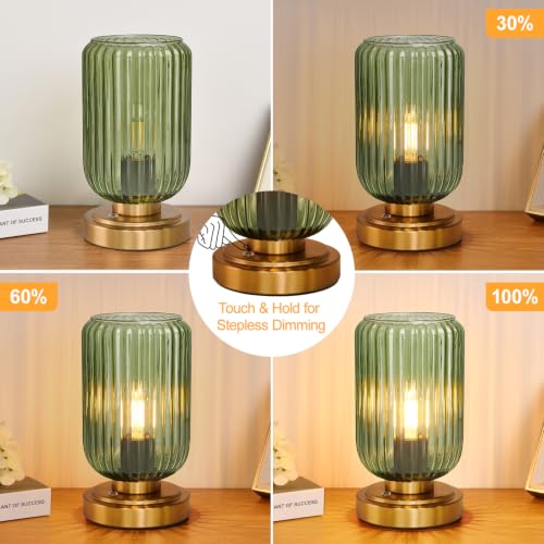 Green Glass Cordless Dimmable Table Lamp - Brushed Gold Base, Touch Control