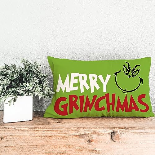 AOFANGGO Christmas Pillow Cover 12x20 inch Holiday Decorations Green Face Xmas Throw Pillow Cushion Cover for Bed Chair Sofa Couch Rectangle