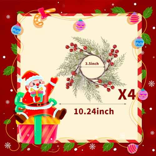 4PCS Christmas Candle Rings Wreaths, Christmas Candle Holder Pillar Candle Ring Artificial Berry Pine Branch Candlestick Garland for Table Decoration