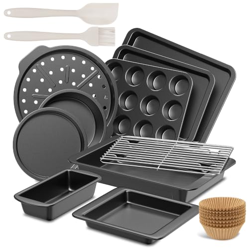 HONGBAKE Dark Gray 12-Piece Bakeware Set with Nonstick Pans & Muffin Liners