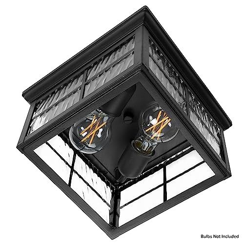 Outdoor Flush Mount Ceiling Light Fixture - Black Water Glass Weatherproof