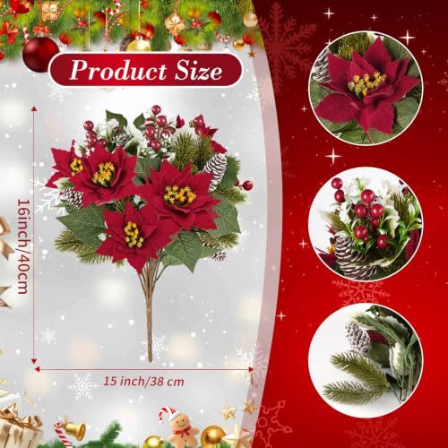 ZYZEV Red Poinsettias Artificial Christmas Flowers Bouquet - 2 Pack
