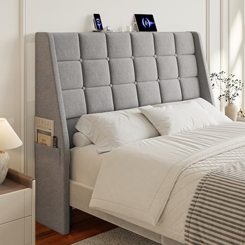 Full Size Wingback Headboard with Charging Station - Gray, Ergonomic & Storage