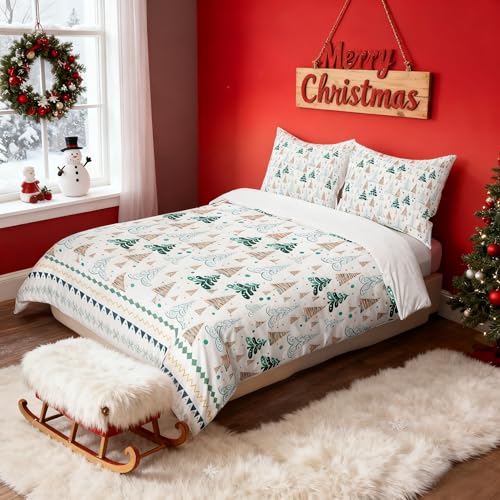 Christmas Trees Kids Duvet Cover Set Queen Size,Snowflake Dots Waves Patchwork Bedding Set,Girls Boys Adults Xmas Decor,Merry Christmas Rustic Cabin Comforter Cover,Green Quilt Cover,2 Pillowcases