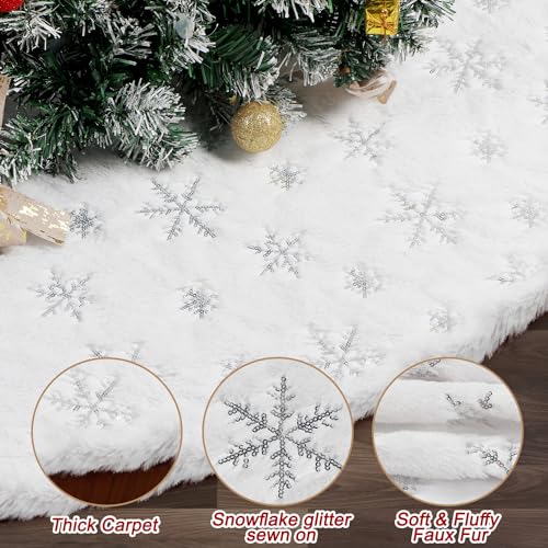 Mosro 72 Inch Large Faux Fur Christmas Tree Skirt with Silver Sequin Snowflake, White Holiday Decor