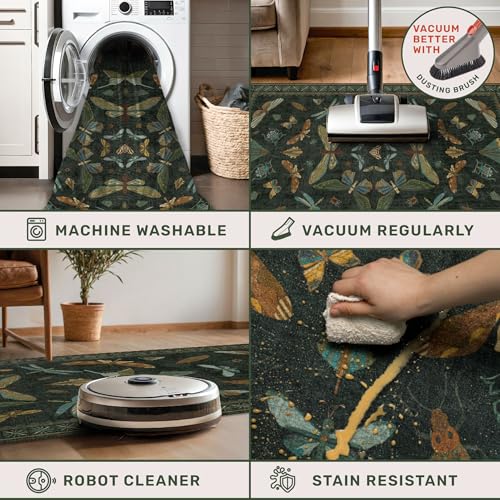 Dark Green Area Rug 5x7 ft for Living Room - Fairy Moss Boho Insect Décor, Washable, Non-Slip