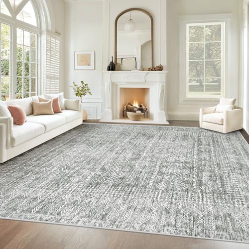 Grey 8x10 Washable Moroccan Boho Rug - Non-Slip Stain-Resistant Living Room Carpet
