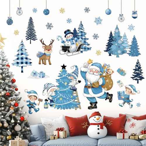 Decalmile Blue Santa Claus Christmas Window Wall Decals Pine Trees Reindeer Gnome Sticker Snowflake Snowman Clings Party Showcase Decorations