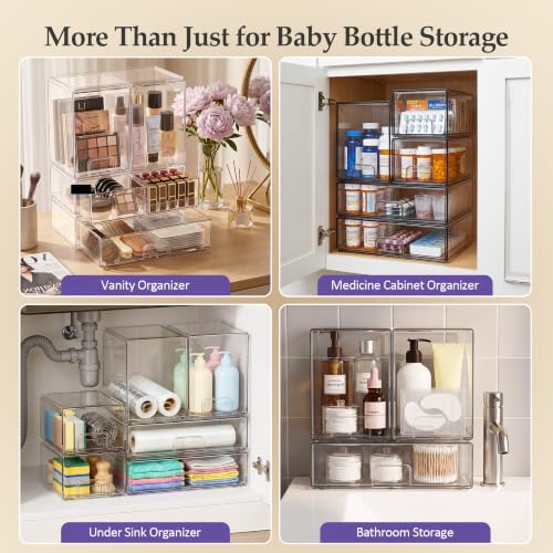 Yasali 6-Pack Stackable Baby Bottle Organizer Storage Drawer - Clear, Space-Saving