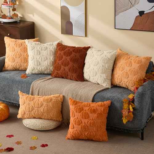 DFXSZ Fall Pillow Covers 18x18 Set of 2 Fall Decorations Autumn Beige Pumpkin Throw Pillow Cases Soft Plush Faux Fur Wool Couch Cushion Case for Chair Sofa Living Room Home Decor PTK045A18