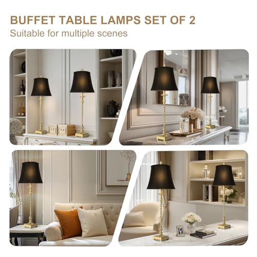 33-Inch Vintage Table Lamp Set of 2 - Gold Leaf Finish with Black Linen Shades — Elegant European Style for Living Room Bedroom