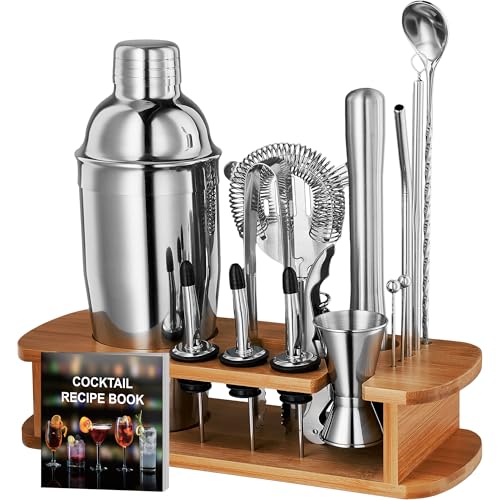 FineDine Stainless Steel Cocktail Shaker Set with Bartender Tools & Wooden Stand